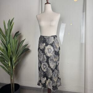 Vintage Y2K Black Silk Abstract Floral Flared Midi Skirt Indie Grunge Fairy 2P
